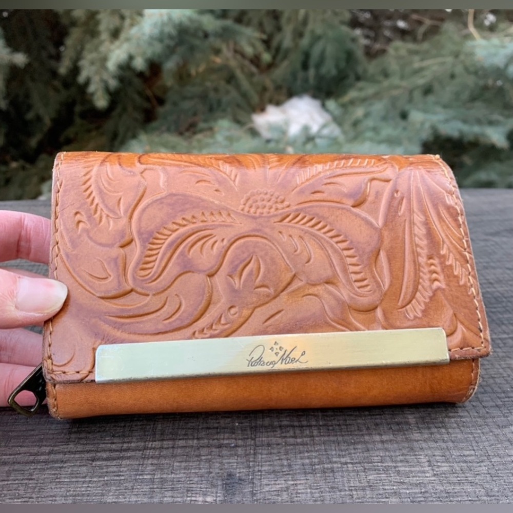 Patricia Nash Embossed Floral Leather Wallet in Cognac
